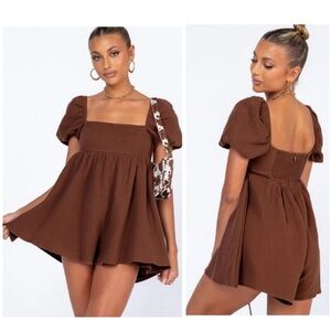 NWT Princess Polly Lorna Romper Brown Shorts Smocked Puff Sleeve Size 6 NEW